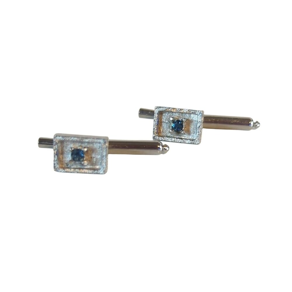 Pair of Vintage Blue Stone Rectangular Silver Tone Shirt Studs